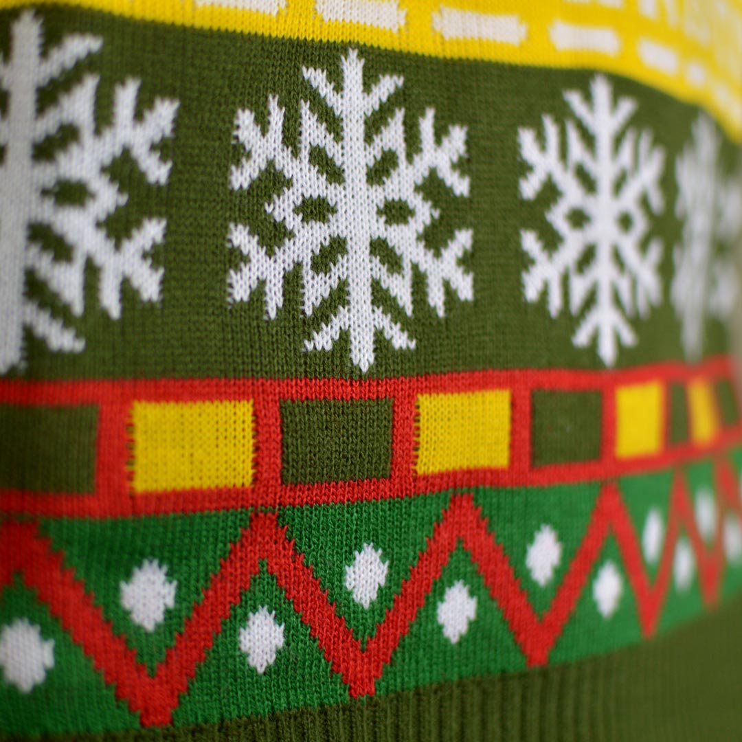 Green Men's Ugly Christmas Sweater with Santa and Gifts detail