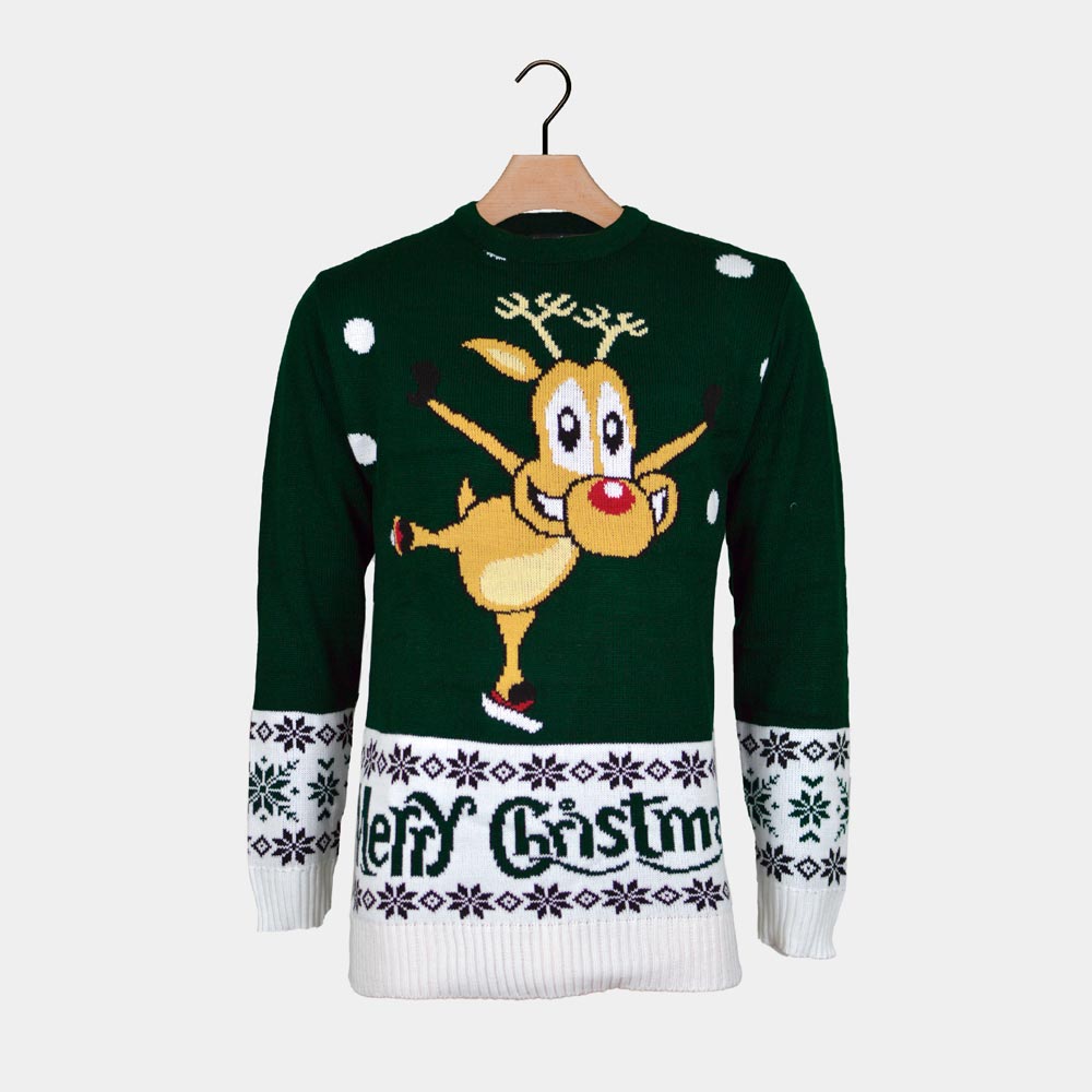 Green Couple's Ugly Christmas Sweater with skating Reindeer