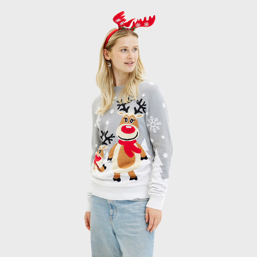 Grey Organic Cotton Cute Reindeers Womens Mens Ugly Christmas Sweater
