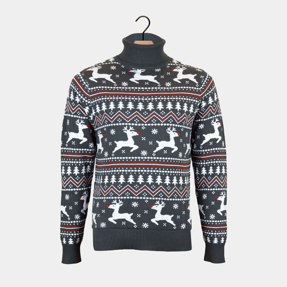 Turtleneck Organic Cotton Womens Grey Ugly Christmas Sweater Reindeers