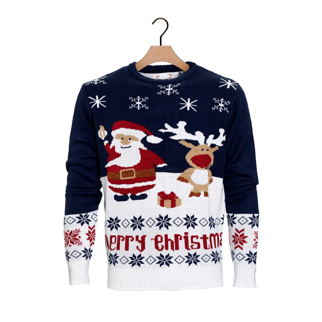 Blue Boys and Girls Ugly Christmas Sweater with Santa and Rudolph