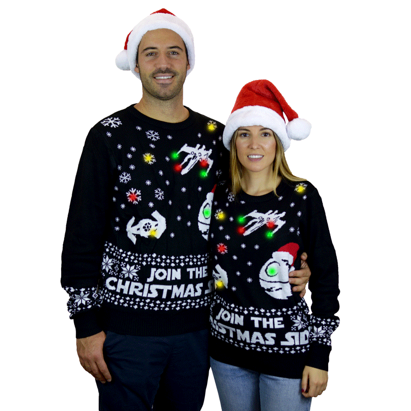 Join the Christmas Side LED light-up Ugly Christmas Sweater Couple