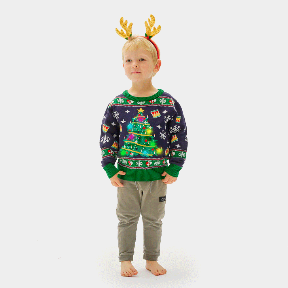 Blue LED light-up Boys Ugly Christmas Sweater with Christmas Tree