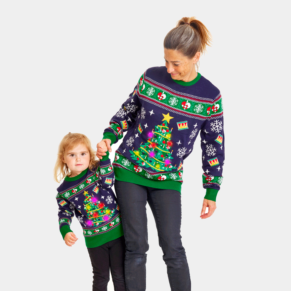 Blue LED light-up children Family Ugly Christmas Sweater with Christmas Tree