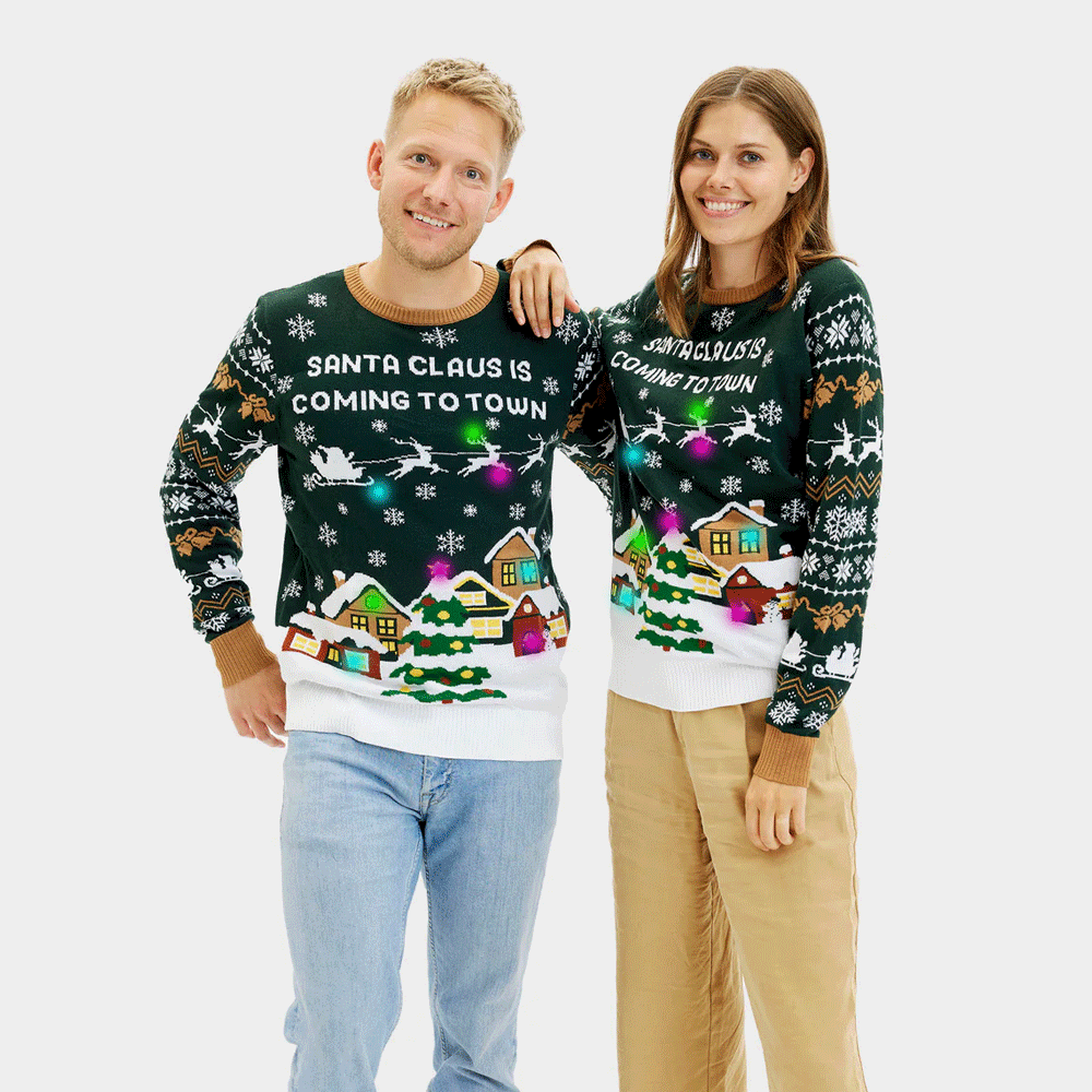 LED light-up Couples Ugly Christmas Sweater Santa is Coming to Town

