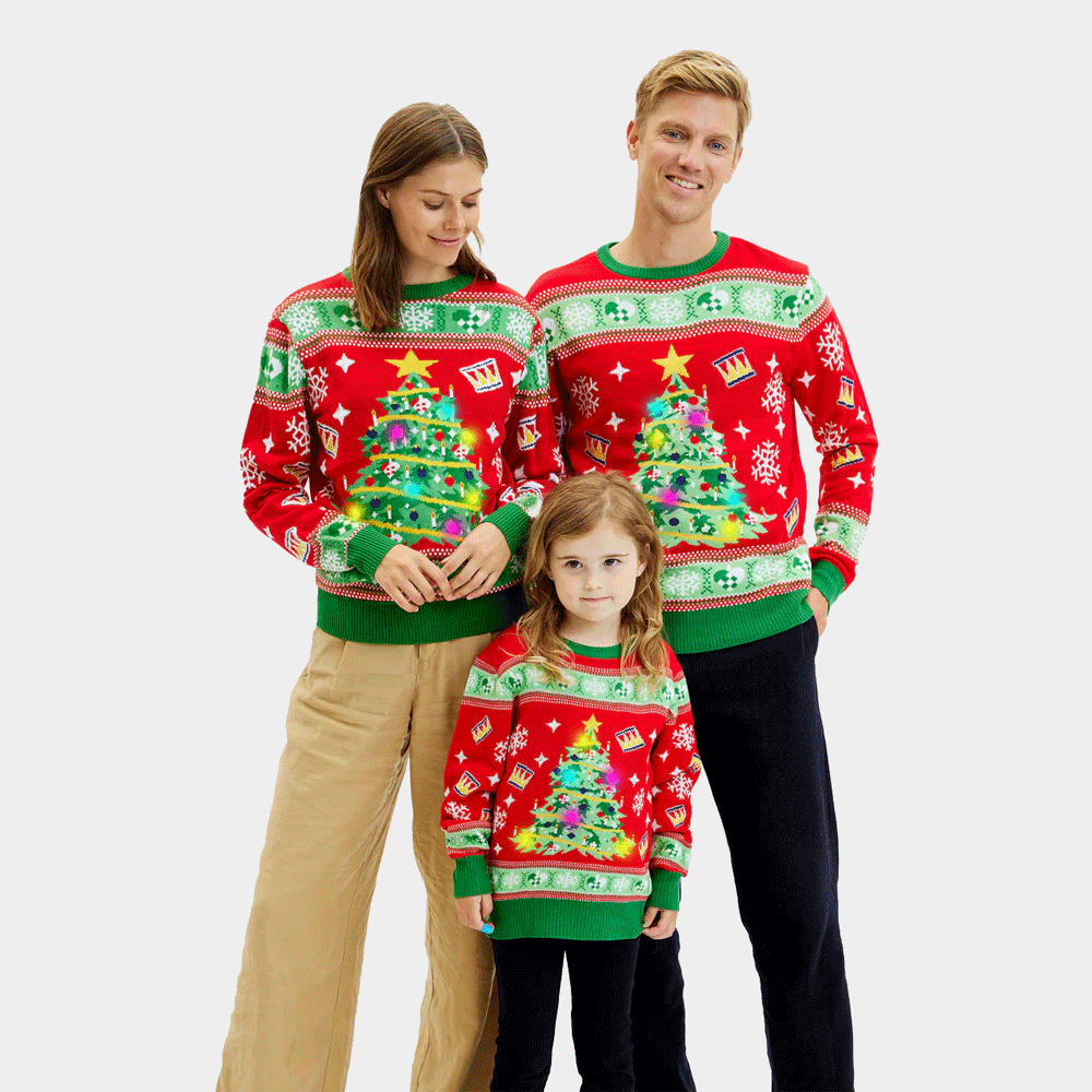 Blue LED light-up Family Boys and Girls Ugly Christmas Sweater with Christmas Tree
