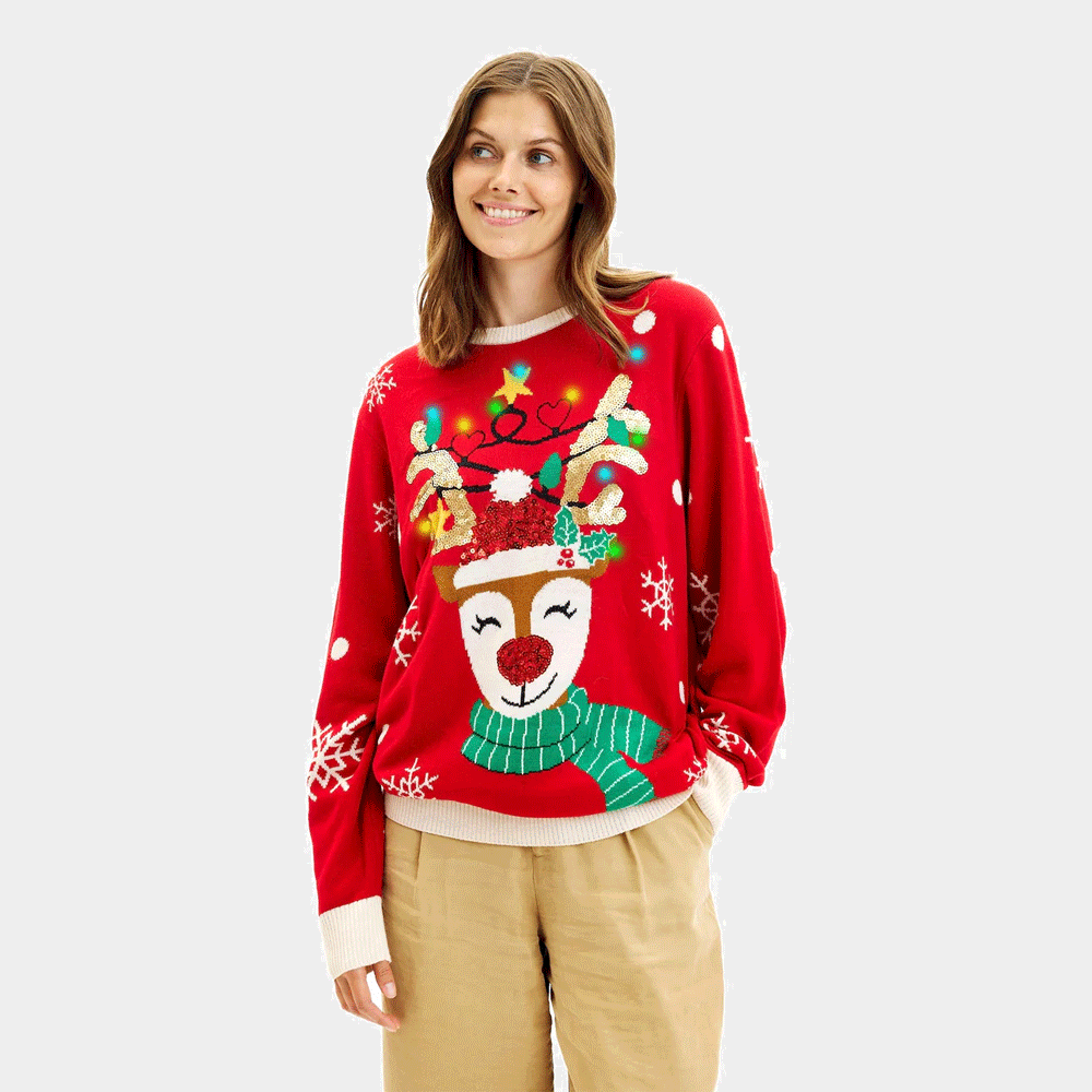 LED light-up Family Ugly Christmas Sweater Sparkling Sequin Reindeer Women
