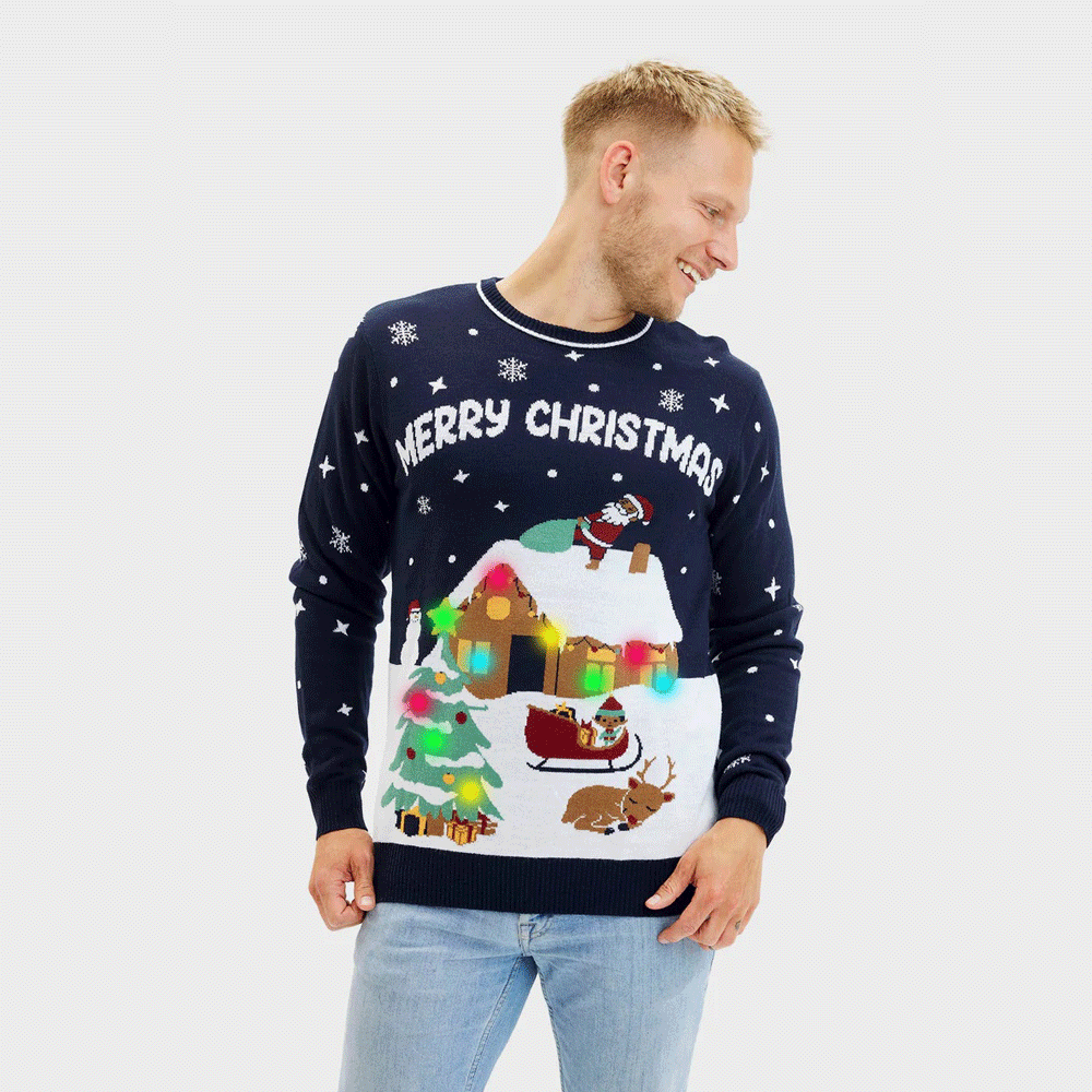 LED light-up Men's Blue Ugly Christmas Sweater Merry Christmas