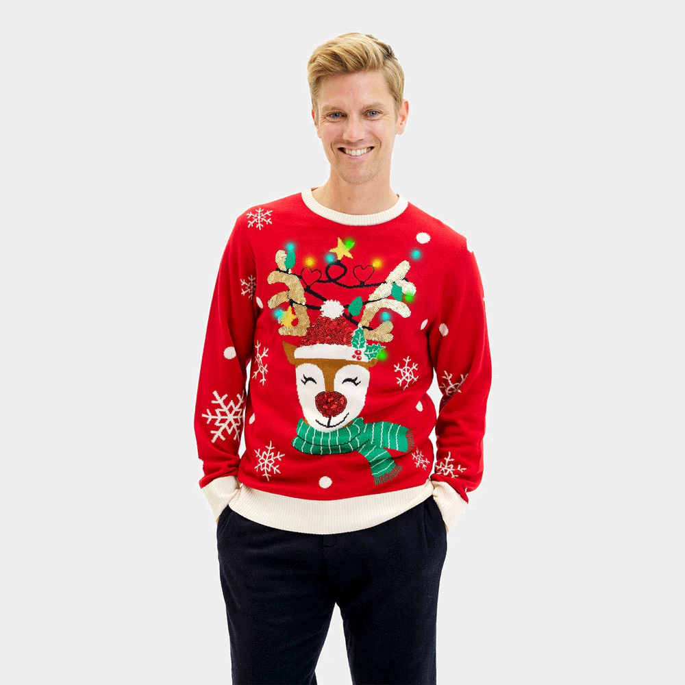 LED light-up Mens Ugly Christmas Sweater Sparkling Sequin Reindeer
