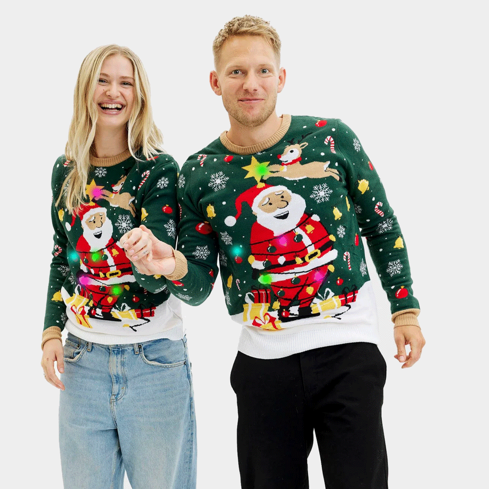 LED light-up Mens Womens Ugly Christmas Sweater Santa Claus in a mess