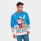 Mens Light Blue Couple's Ugly Christmas Sweater with Santa and Rudolph