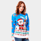 Light Blue Couple's Ugly Christmas Sweater with Santa and Rudolph Womens