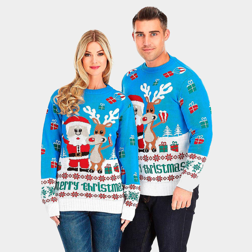 Light Blue Couple's Ugly Christmas Sweater with Santa and Rudolph