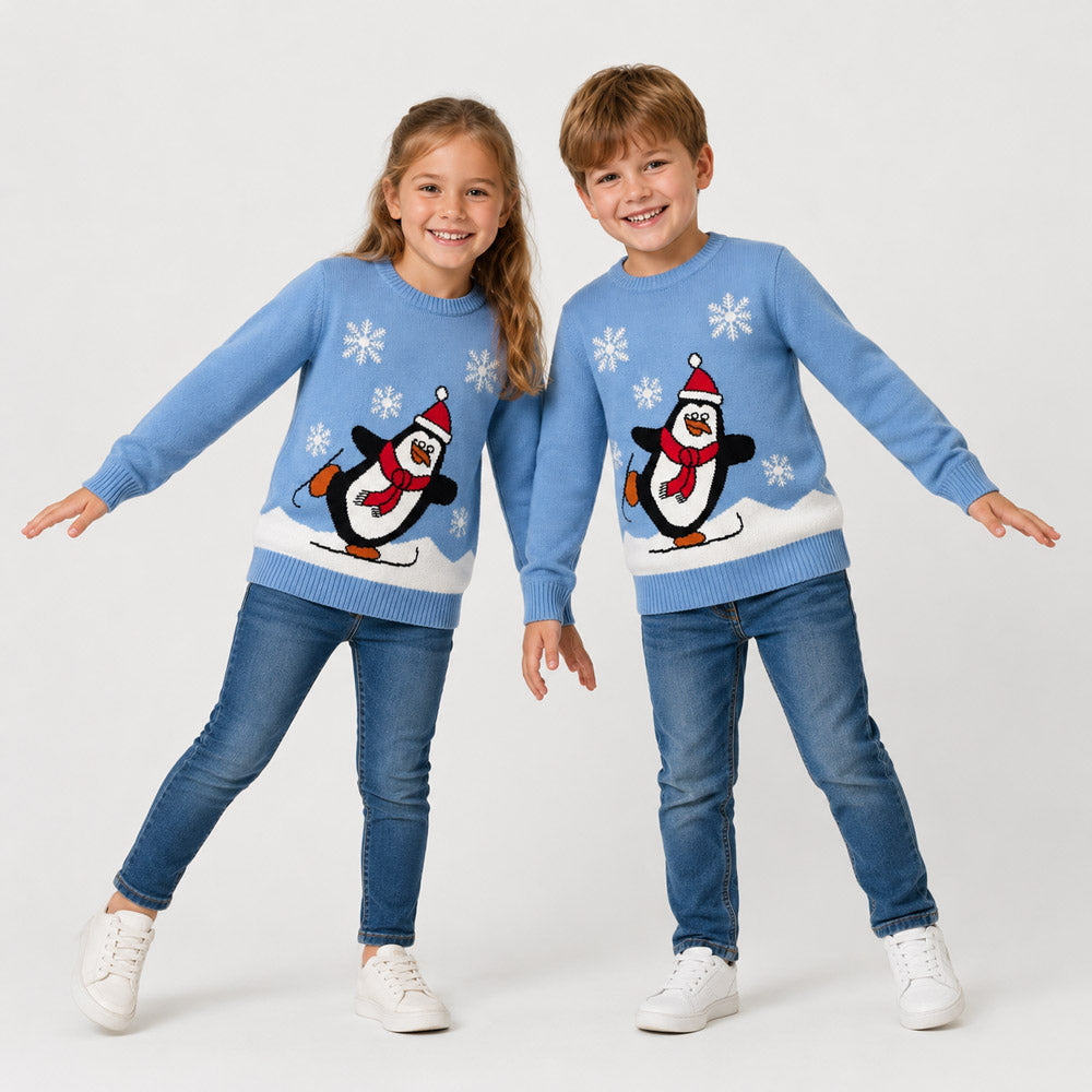 Light Blue Family Ugly Christmas Sweater with Penguin Children
