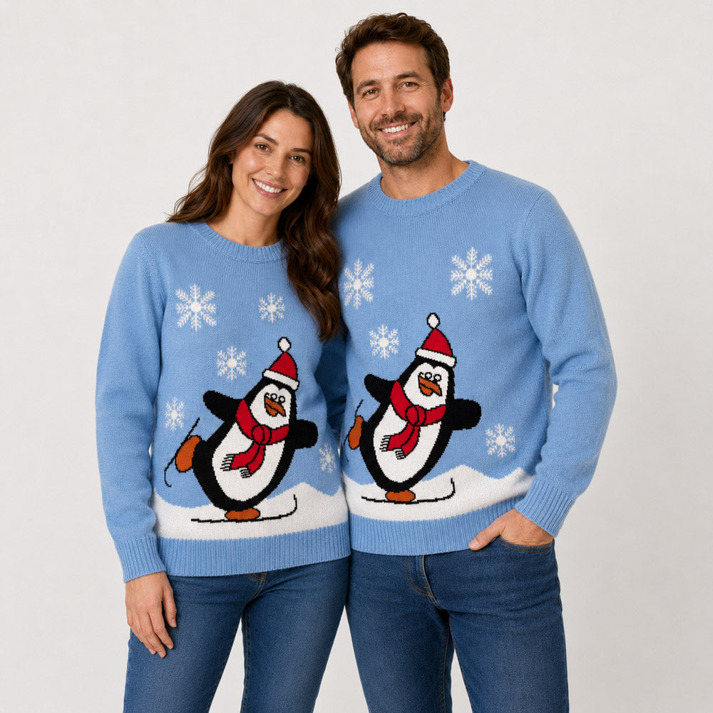 Light Blue Family Ugly Christmas Sweater with Penguin Couple
