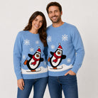 Light Blue Family Ugly Christmas Sweater with Penguin Couple
