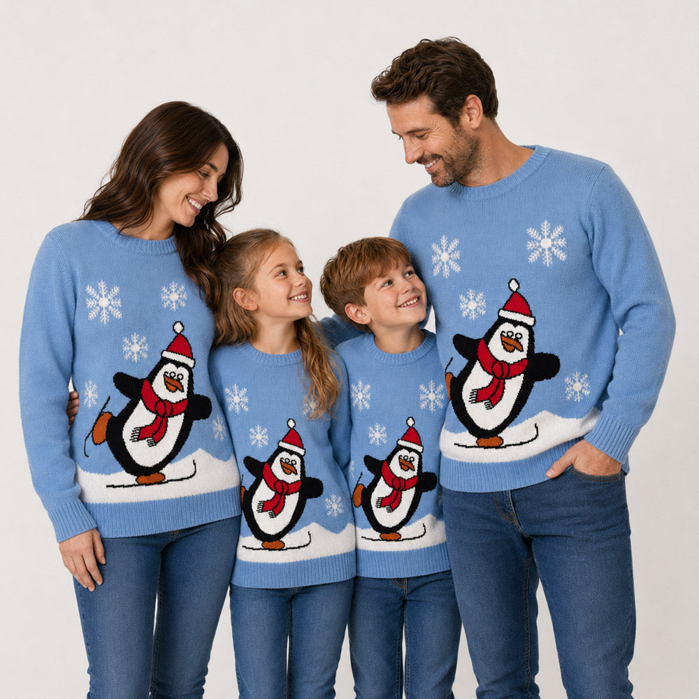 Light Blue Family Ugly Christmas Sweater with Penguin
