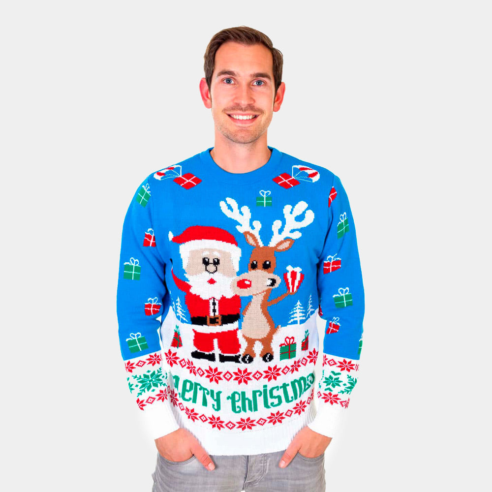 Light Blue Men's Ugly Christmas Sweater Santa and Rudolph