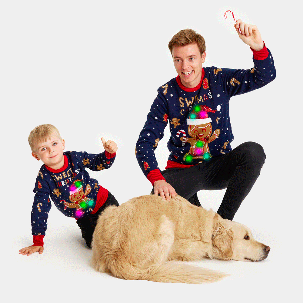 Blue LED light-up Boys Mens Ugly Christmas Sweater Ginger Cookie
