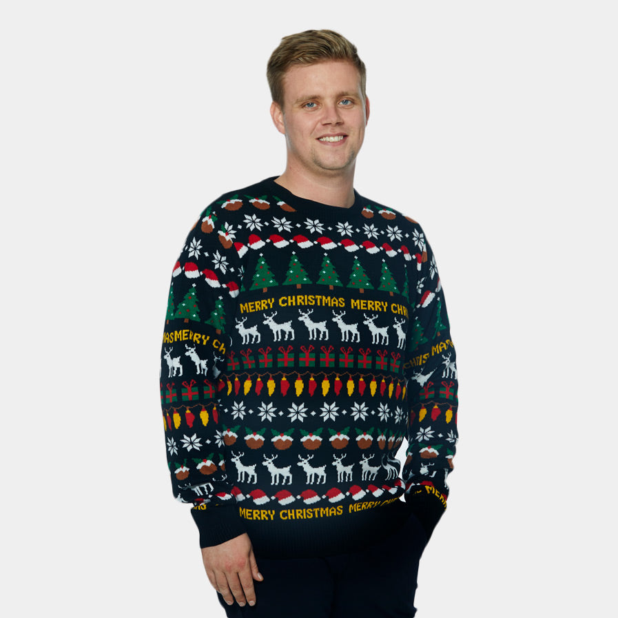 mens Black Couple's Ugly Christmas Sweater with Trees, Reindeers and Gifts