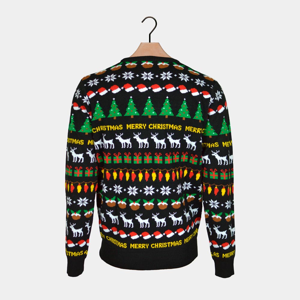 Black Mens Ugly Christmas Sweater Trees Reindeers and Gifts Ugly Christmas Sweaters