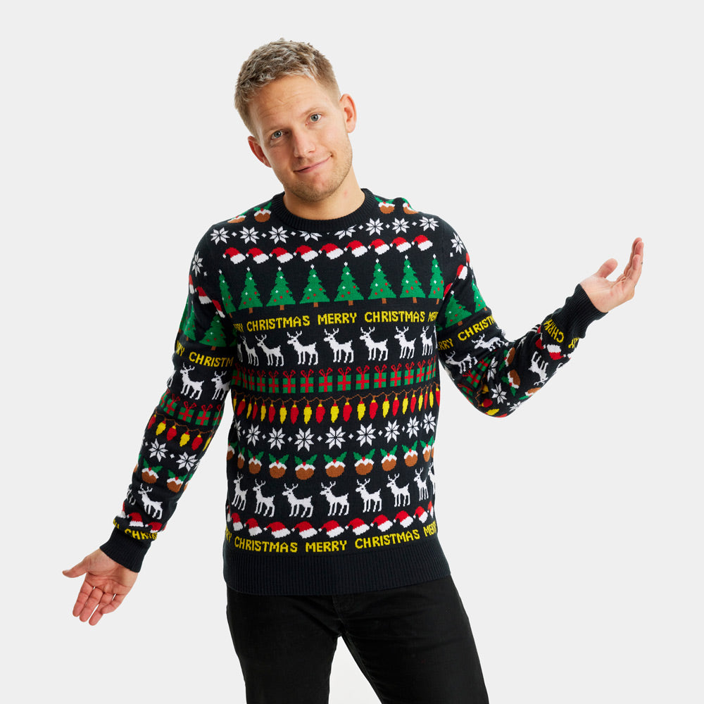 Black Womens Ugly Christmas Sweater with Trees, Reindeers and Gifts