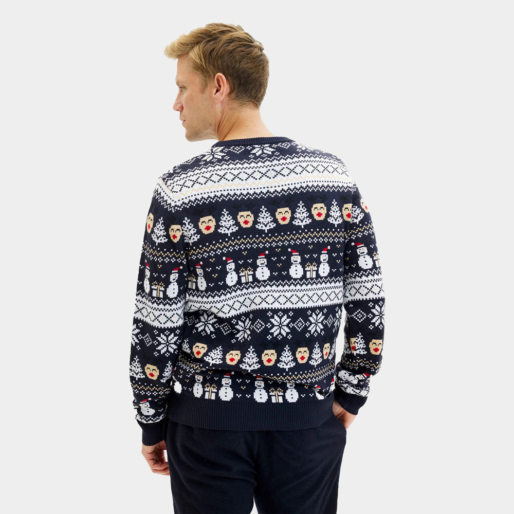 Blue Mens Couple's Ugly Christmas Sweater with Snowmen and Trees