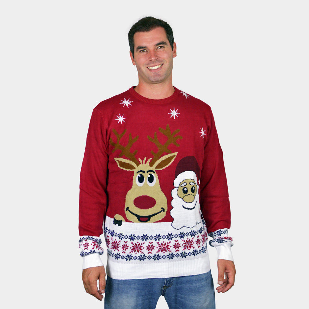 Children Mens Ugly Christmas Sweater with Santa and Rudolph Smiling