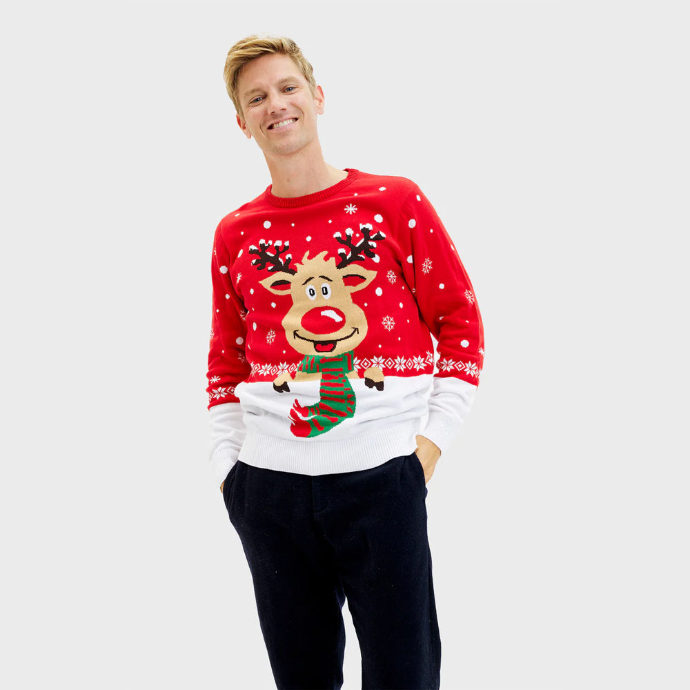 Couple's Ugly Christmas Sweater Reindeer with Scarf Mens