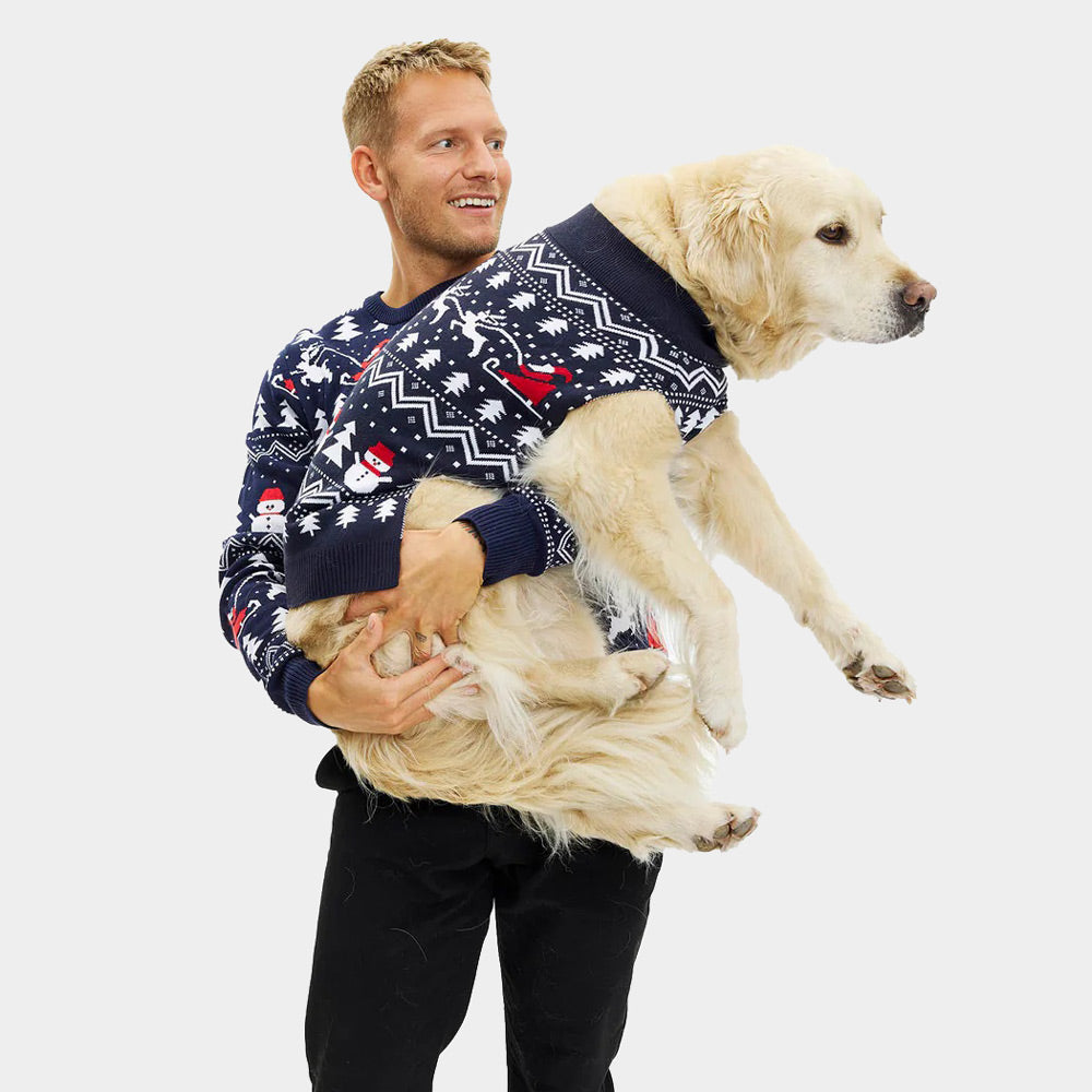 Mens Dog Ugly Christmas Sweater with Trees, Snowmen and Santa