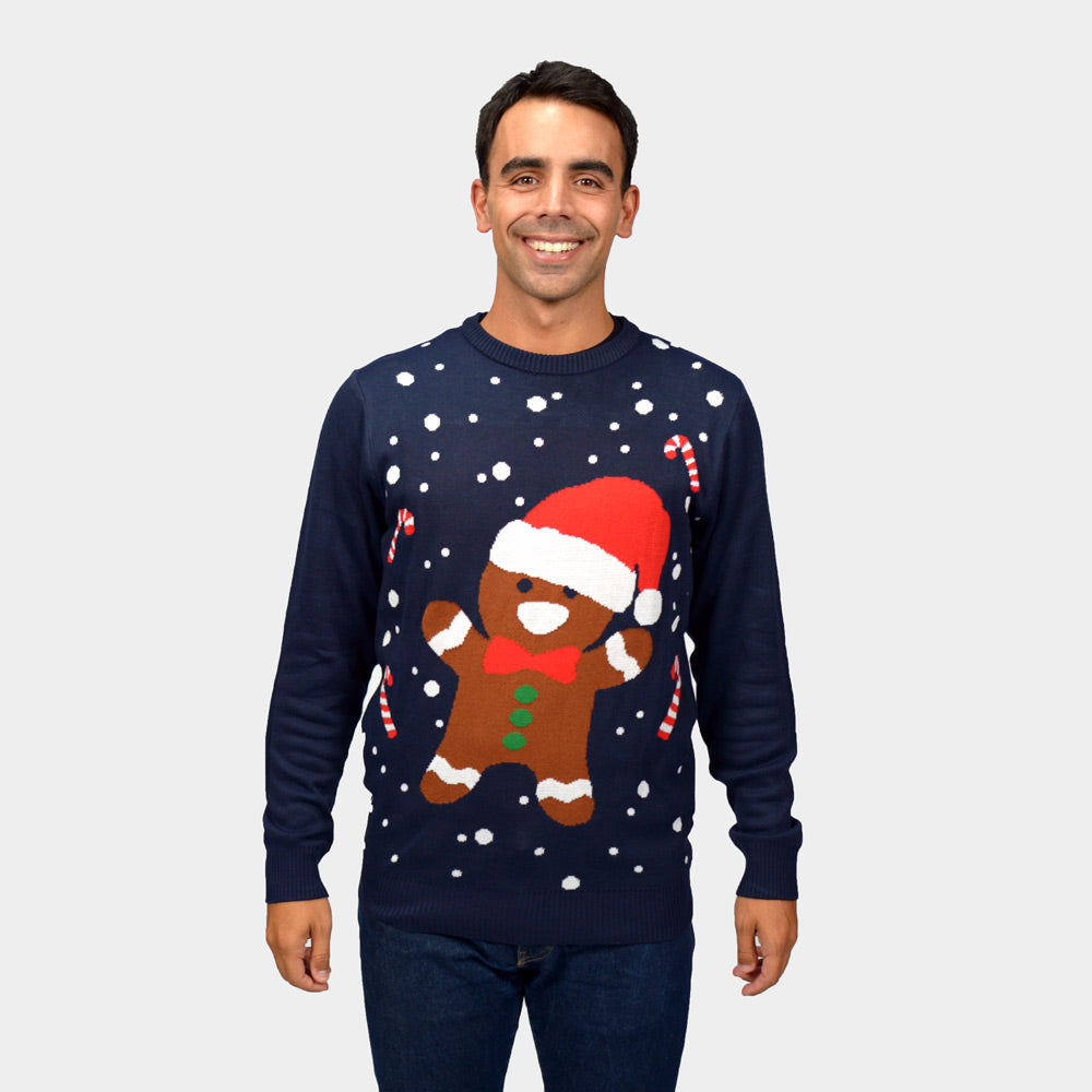 Men's Blue Ugly Christmas Sweater Gingerbread 