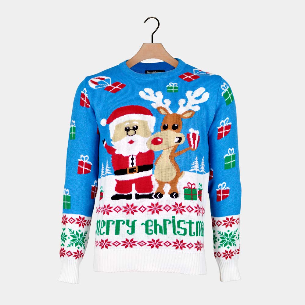 Light Blue Ugly Christmas Sweater with Santa and Rudolph Mens