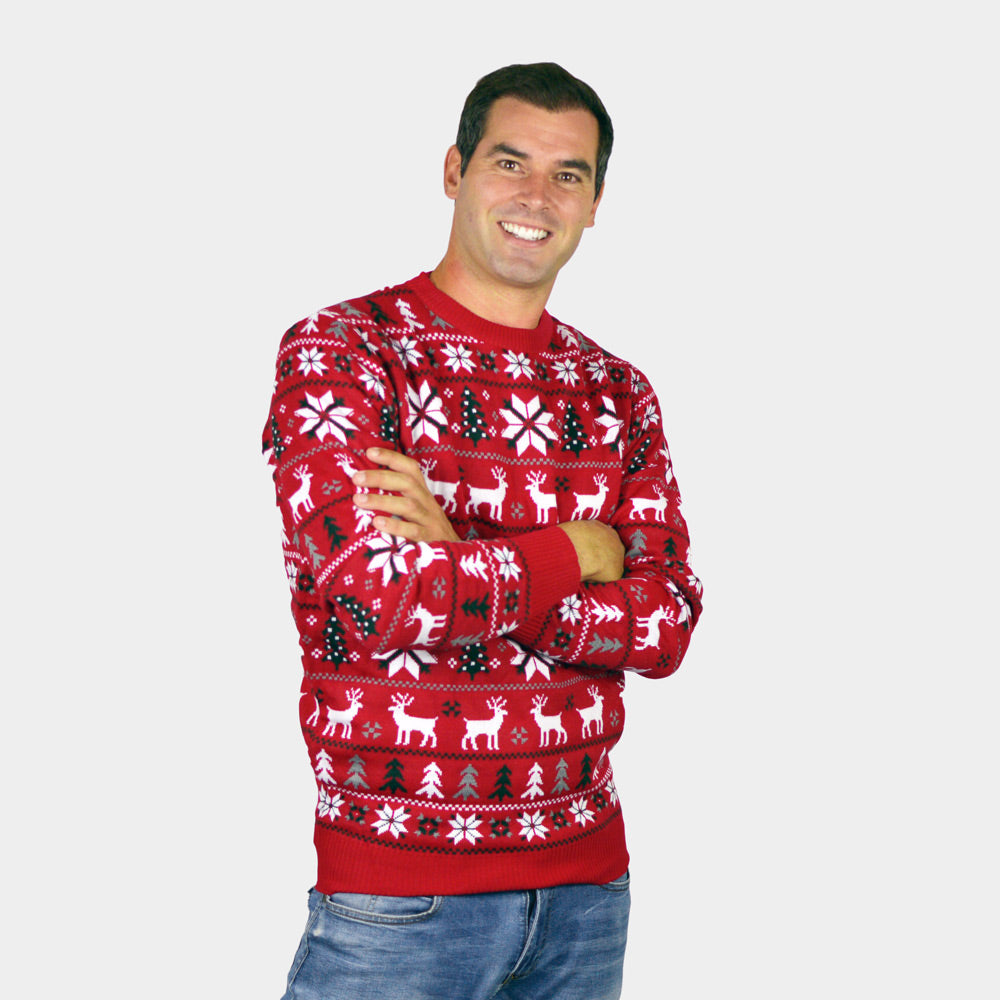Red Children Mens Ugly Christmas Sweater with Reindeers, Trees and Polar Star