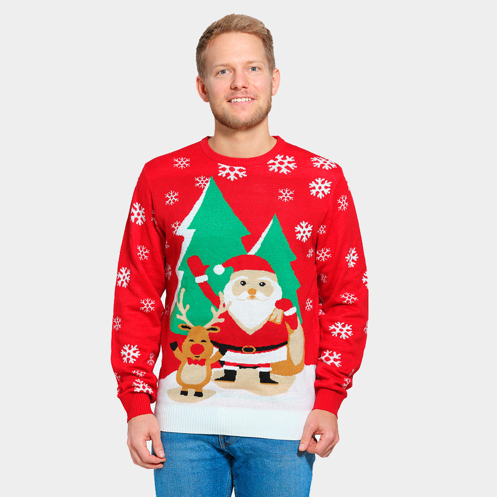 Mens Red Couple's Ugly Christmas Sweater with Santa and Reindeer Greeting