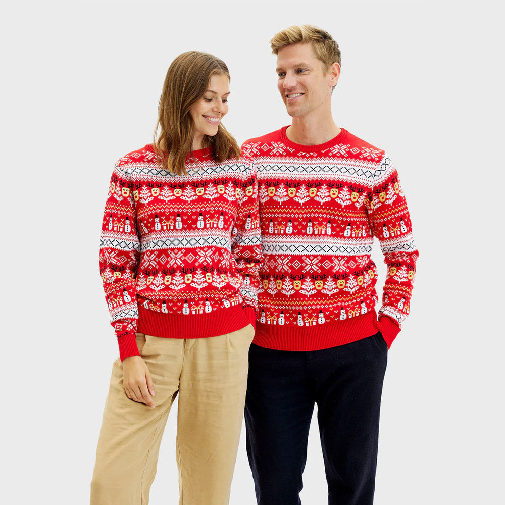 Red Organic Cotton Mens Womens Ugly Christmas Sweater Snowmen Trees