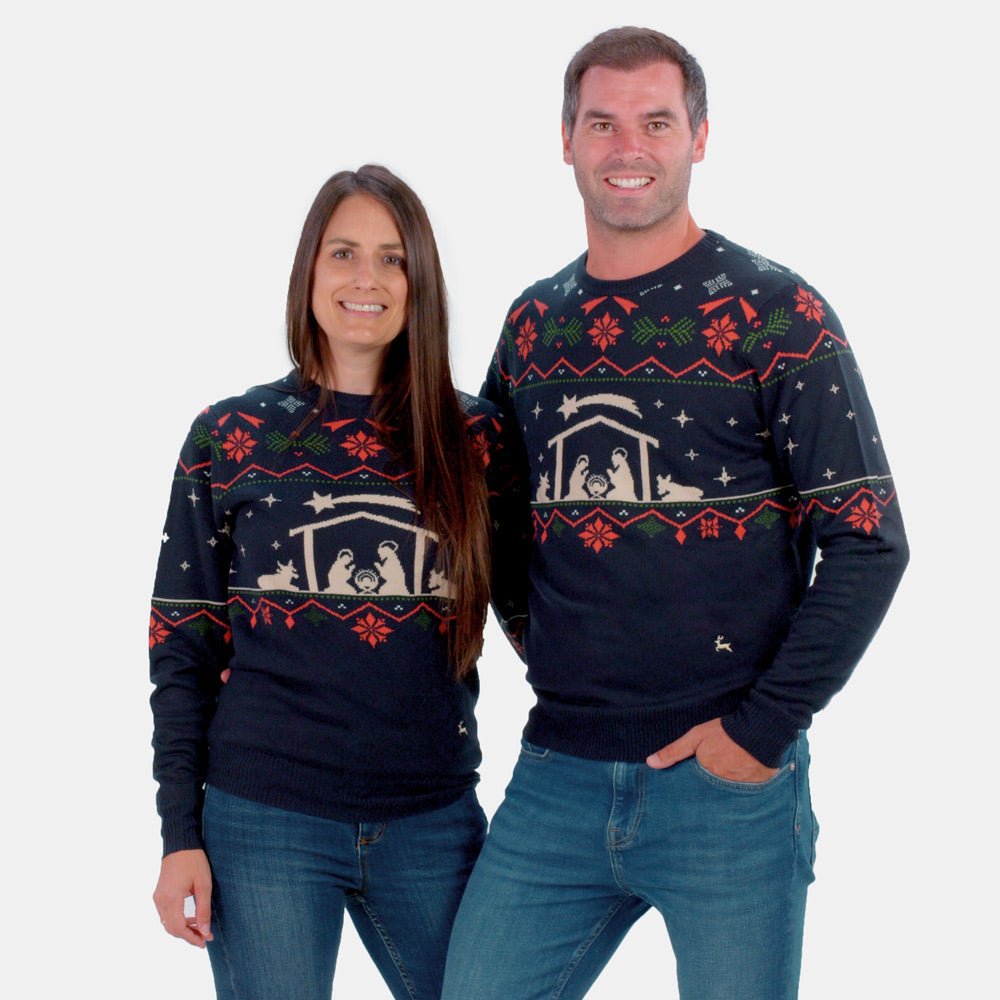 Mens Ugly Christmas Sweater Nativity Couple
