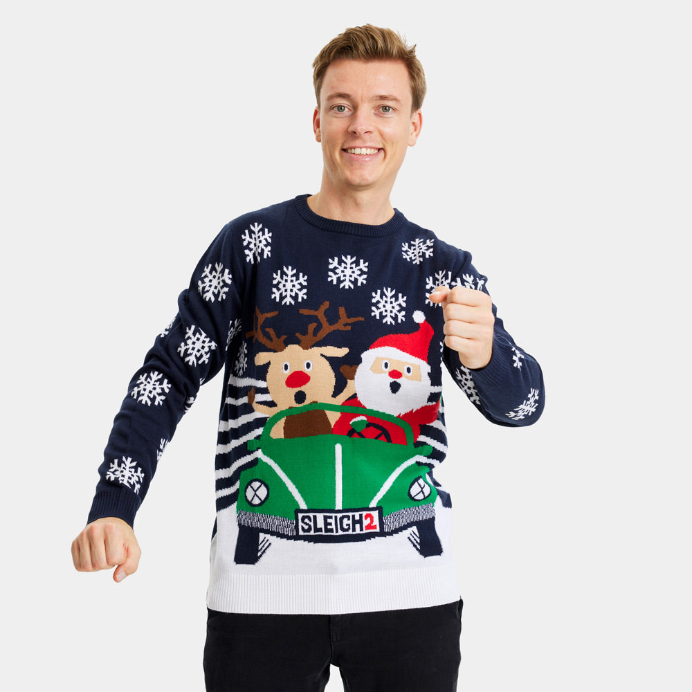 Men's Ugly Christmas Sweater with Santa and Reindeer Driving
