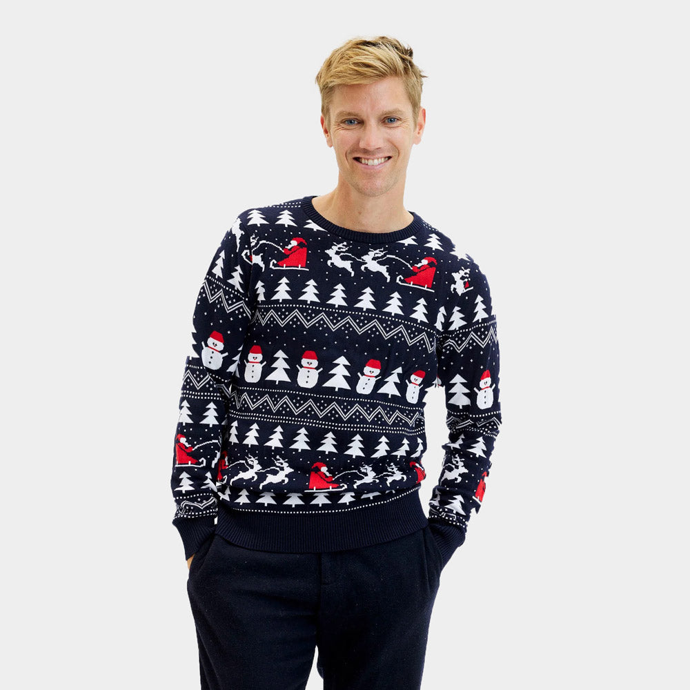Ugly Christmas Sweater with Trees, Snowmens and Santa Men's