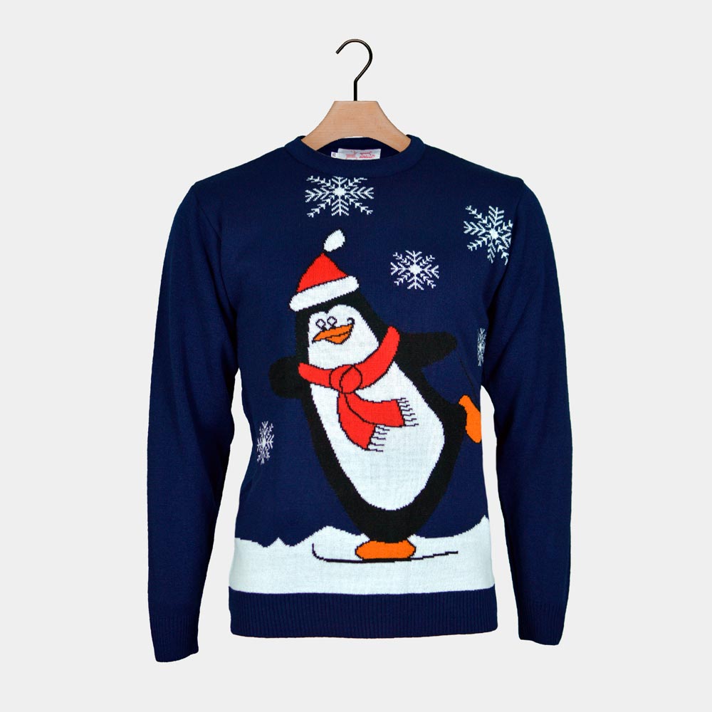 Navy Blue Couple's Ugly Christmas Sweater with Penguin