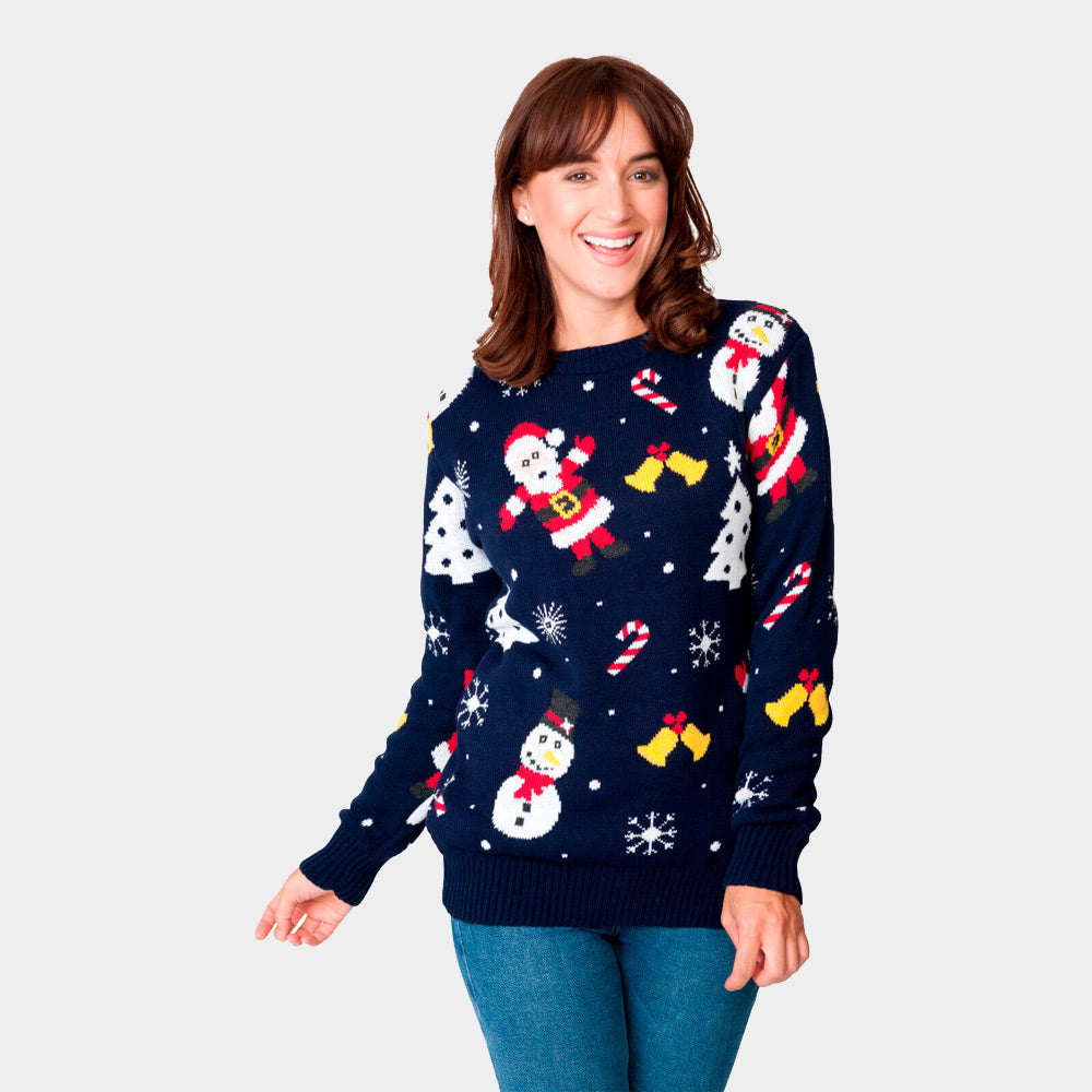 Womens Navy Blue Couple's Ugly Christmas Sweater with Santa and Snowmens