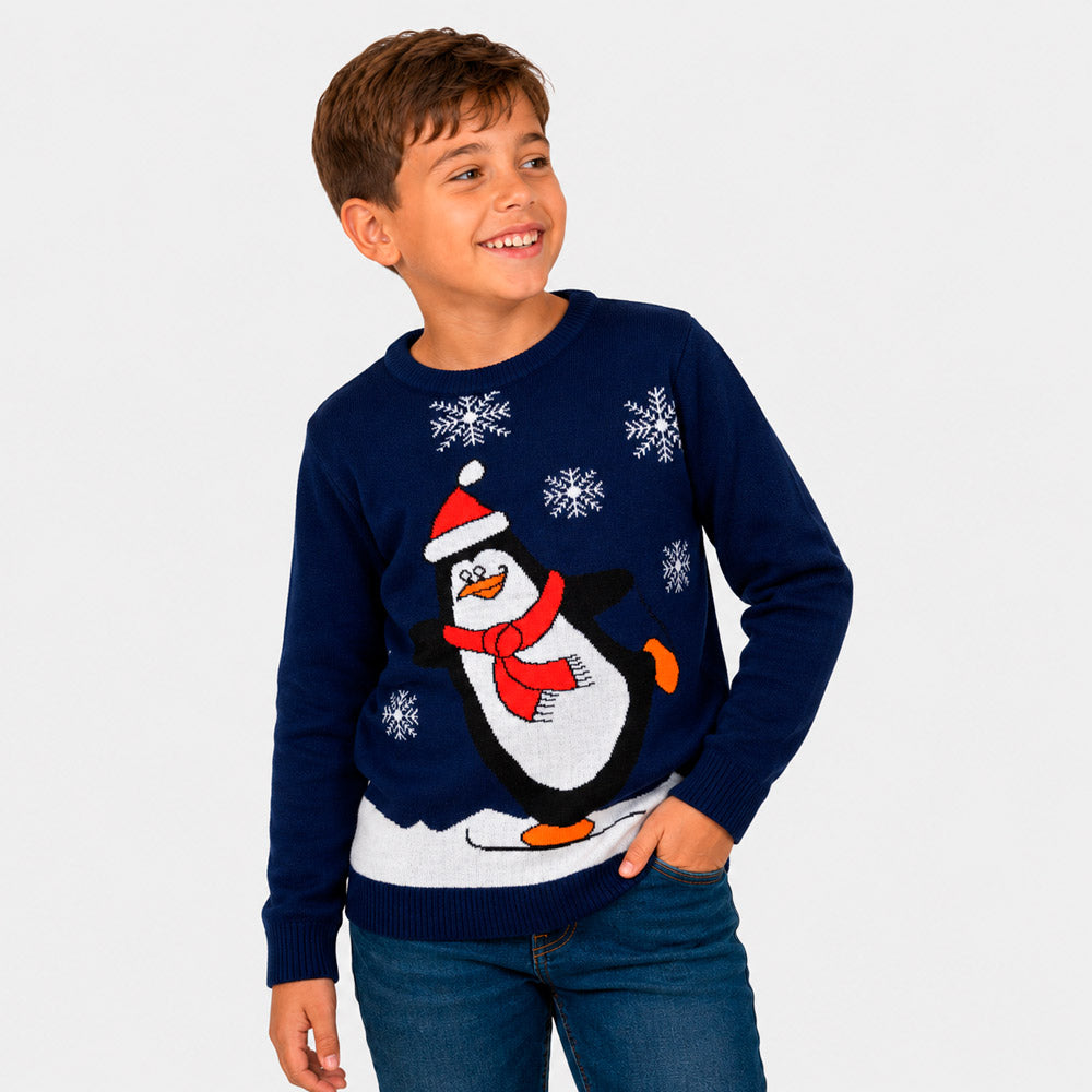 Navy Blue Family Ugly Christmas Sweater with Penguin Boy

