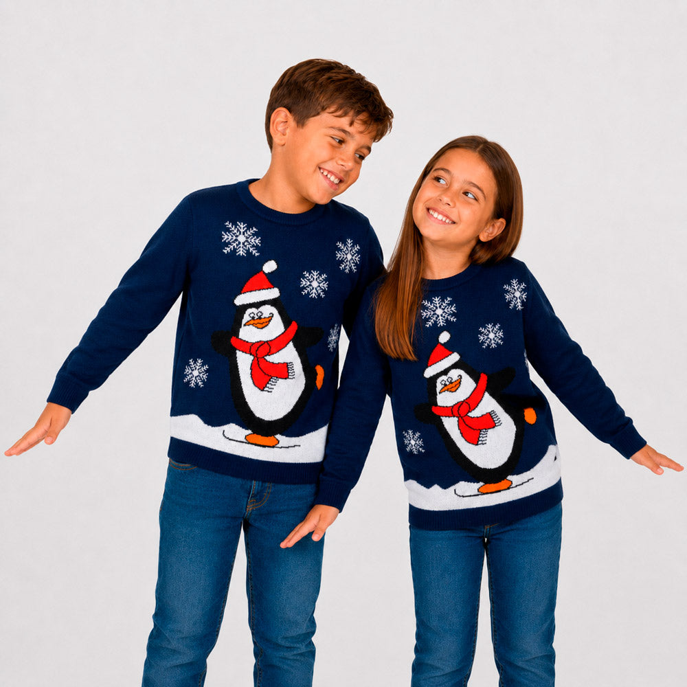 Navy Blue Family Ugly Christmas Sweater with Penguin Chlldren