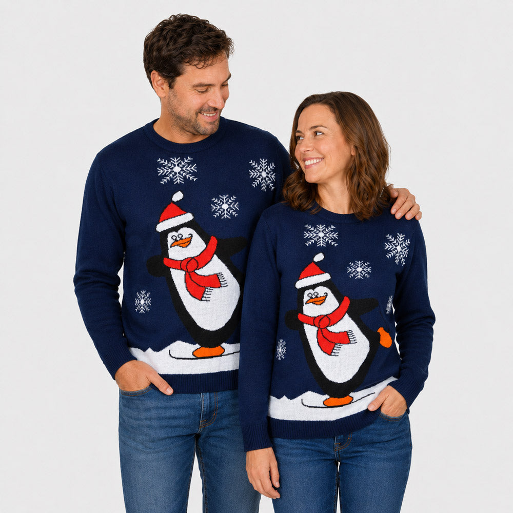 Navy Blue Family Ugly Christmas Sweater with Penguin Couple
