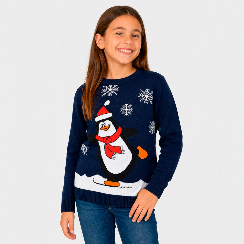 Navy Blue Family Ugly Christmas Sweater with Penguin Girl
