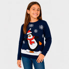 Navy Blue Family Ugly Christmas Sweater with Penguin Girl
