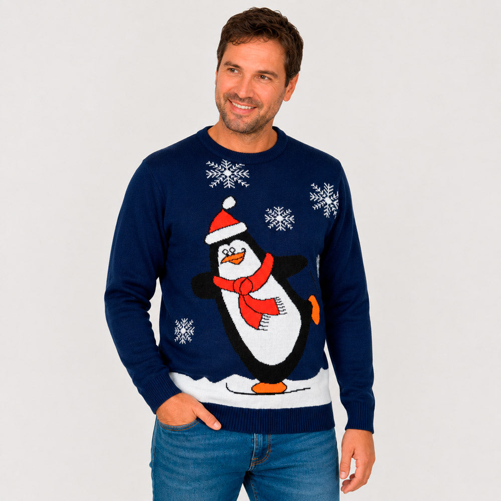 Navy Blue Family Ugly Christmas Sweater with Penguin Men
