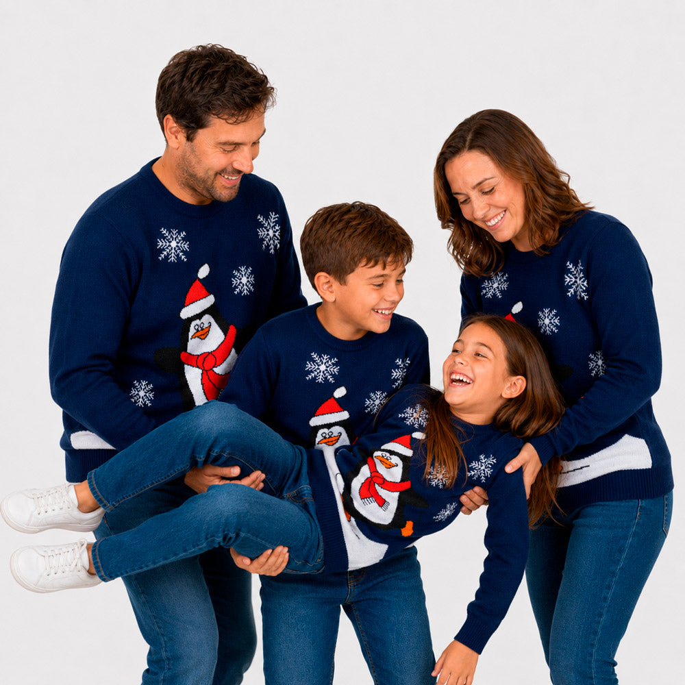 Navy Blue Family Ugly Christmas Sweater with Penguin
