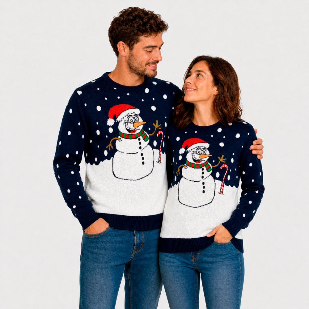 Navy Blue Ugly Christmas Sweater with Snowman Couple
