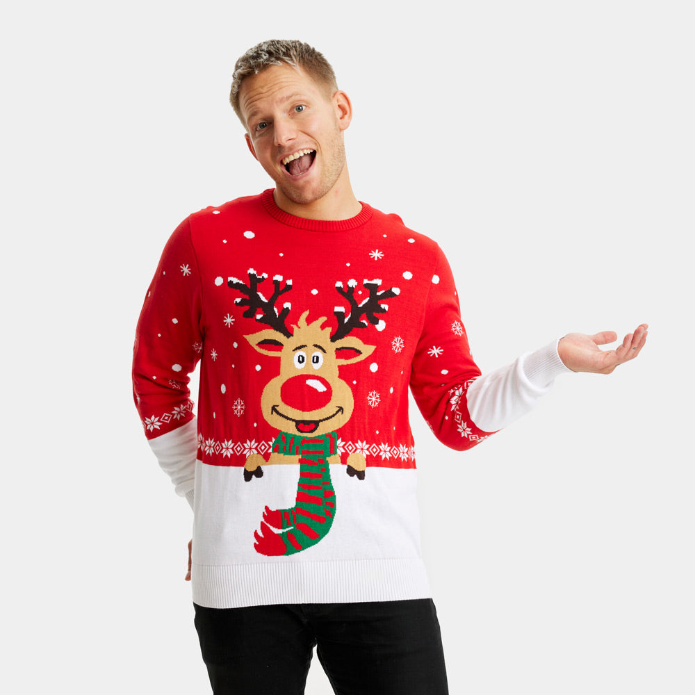 mens Organic Cotton Couple's Ugly Christmas Sweater Reindeer with Scarf