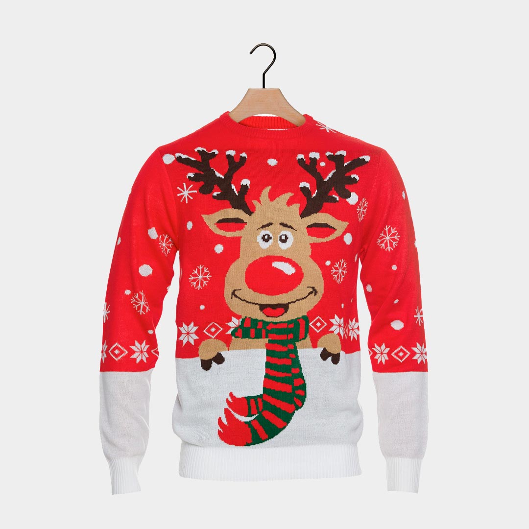 Organic Cotton Couple's Ugly Christmas Sweater Reindeer with Scarf